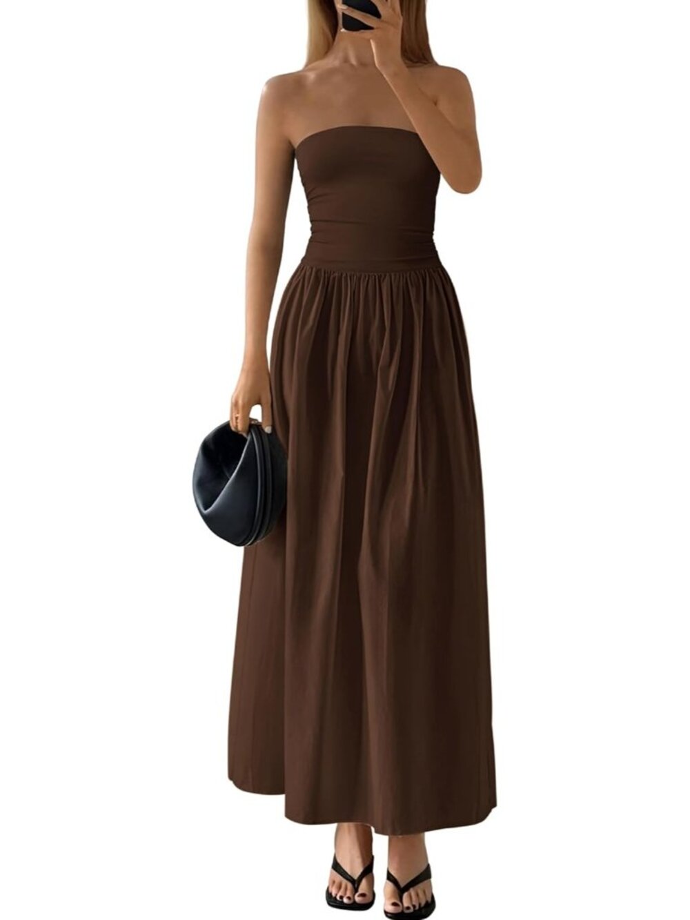 Women's Coffee Summer Elegant Strapless Maxi Dress Tube Top Dress A Line Flowy